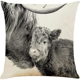 LMABBAQA Highland Cow Throw Pillow Cover 18x18 Inch Cow Print Pillows Farmhouse Linen Decorative Throw Pillow Cushion Cases for Couch Sofa Bedroom (18x18 Inch)