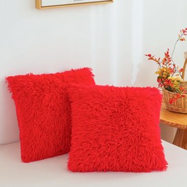 Red Plush Throw Pillow Covers 18"x18", Soft Decorative Fuzzy Fluffy red Pillow Cases, Furry Shaggy Faux Fur Cushion Covers for Sofa, Bed, and Living Room Decor, Set of 2 with Zipper