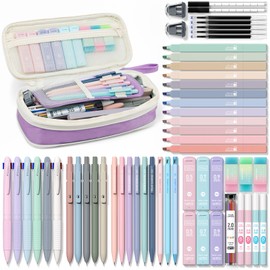 Four Candies 56 PCS Aesthetic School Supplies with Pencil Case, 6 Multicolor Pen, 12 Pastel Highlighters, 5 Gel Pens Black Ink, 9 Mechanical Pencils for Student Stationary Set Preppy Stuff (Purple)