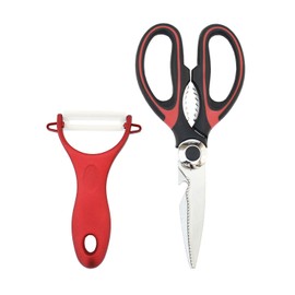 BambooMN Bamboo Cutting Board - 13" x 9" x 0.40" w/Kitchen Scissors Set (Scissor & Peeler) - Red & Black - 10 Sets