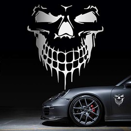 HungMieh Car Hood Decal, Cool Skull Sticker for Truck, SUV, Motorcycle, Bicycle with 10 Options and 5 Sizes, 25 Inch Maximum, Gloss Chrome Mirror Silver
