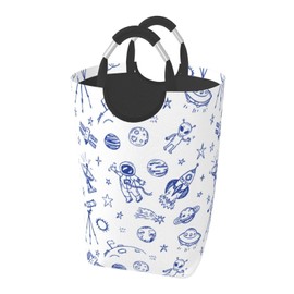 LIBIFALL Blue Space Astronaut Large Laundry Basket Galaxy Planet Laundry Hamper Bag Collapsible Laundry Baskets Clothes Hamper with Handle Cartoon Rocket Storage Baskets For Dorm, Family, 50L