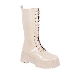 Liliana Women's Knee High Platform Boots Buckle Lace Up Combat Booties, Side Zip-up Mid-Calf Boots Monique-1 boots Pink-ish Cream 7