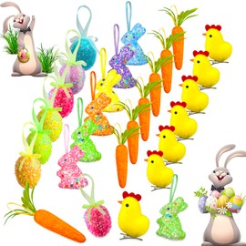 Hikkcos 24 Packs Easter Egg Ornaments Easter Tree Ornament Colorful Eggs Foam Rabbit Carrot Chicks Artificial Easter Decorations for Tree Spring Party Home DIY Crafts