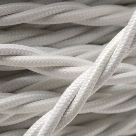 Art Deco Emporium PRE-CUT 1 Meter Length Vintage Styled British White Coloured Cloth Covered Braided Twist Flex - Electric Cable 3 Core; Electrical Wire 6Amp; Lighting Flex 0.75mm