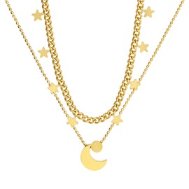 Flongo Women's Necklace 2 Pieces Cuban Chain with Star and Moon Pendant Double Layer Necklace for Elegant Women's Jumper Chain Dress Necklace Festive Evening Party, Stainless Steel