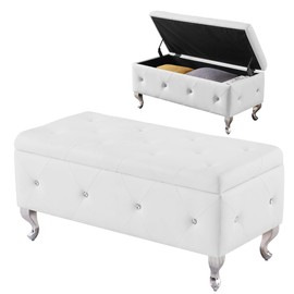 mikibama PU Faux Leather Bedroom Storage Ottoman Benches End of Bed,Crystal Button Tufted Entryway Window Bench with Seating and Curved Metal Legs,Rectangle Living Room Footrest Bench(White PU)
