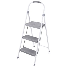Rubbermaid RMS-3 3-Step Folding Ladder, Steel Step Stool with Hand Grip, 225-pound Capacity, White