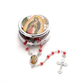 Catholic Town Rosary Necklace with Our Lady of Guadalupe - Nuestra Señora de Guadalupe - center piece, Cross Crucifix and metallic box. (ROSMIRNSG-RED)
