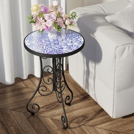 FROMJBEST Mosaic Outdoor Side Table, Patio Side Table, Weather Resistant 14" Diameter 21" H Ceramic Tile Round Outside Table for Patio, Porch, Garden, Pool, Indoor&Outdoor,Plant Stand