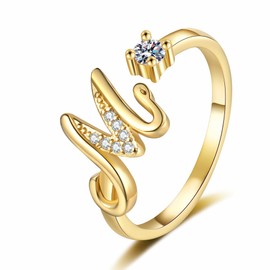 Initial Letter Ring for Women Girls Gold Plated Stackable Alphabet Rings Adjustable Open Cubic Zirconia Inlaid Rings Thumb Finger Comfort Fit Bridesmaid Gift Jewelry for Girlfriend Mom (M)