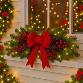 Yalikop 24.5 inch Christmas Swags with Light Artificial Pine Needles Swag Decoration Greenery Christmas Swag for Front Door Window Stair Fireplace Mantle Holiday Xmas Decor(Red Bow and Berry)