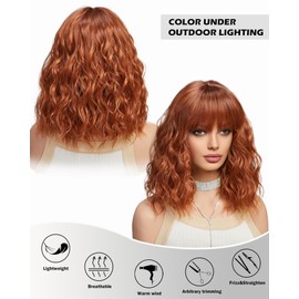 Marshey Curly Bob Wig with Bangs Short Wavy Colorful Wigs for Women, Shoulder Length Natural Looking Synthetic Hair Heat Resistant (Orange, 14 Inch)