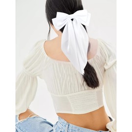 Atoden Hair Bows Silky Satin Bows for Hair Ribbons 4Pcs Coquette Oversized Long Tail Hair Bow Clips Barrettes Big Bowknot Hair Accessories for Women Girl Trendy Stuff Gifts (White Beige Khaki Black)