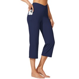 Willit Women's Yoga Capris Pants High Waist Leggings Crossover Straight Leg Athletic Exercise Workout Crop Capris 21" Navy Blue M