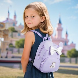 QLOVEA Backpack for Girls Kids Toddler, Bookbag for Teen Girl Kids Birthday Gifts, School Backpack for Girls with Cute Bow, Initial Purple D