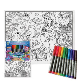 Splat Planet Color in Mermaid Sea Life Cotton Toddler Placemat with 10 Non-Toxic Washable Magic Pens - Colouring and Washing Out