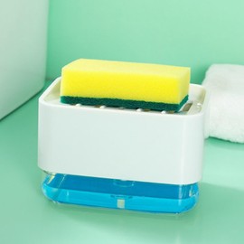 Dish Soap Dispenser and Sponge Holder for Kitchen, Detachable Liquid Soap Dispenser, Countertop 2-in-1 One Hand Sink Soap Pump Dispenser (White)