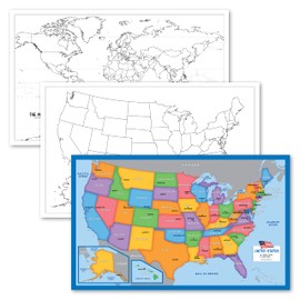 3 Pack - USA & World Map Blank Outline Posters + Simplified USA Map for Kids [Blank] - LAMINATED, 18" x 29" (For Use With Wet Erase Markers)