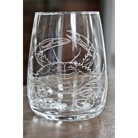 HullSpeed Designs Blue Crab Engraved Stemless Wine Glasses (set of 2)