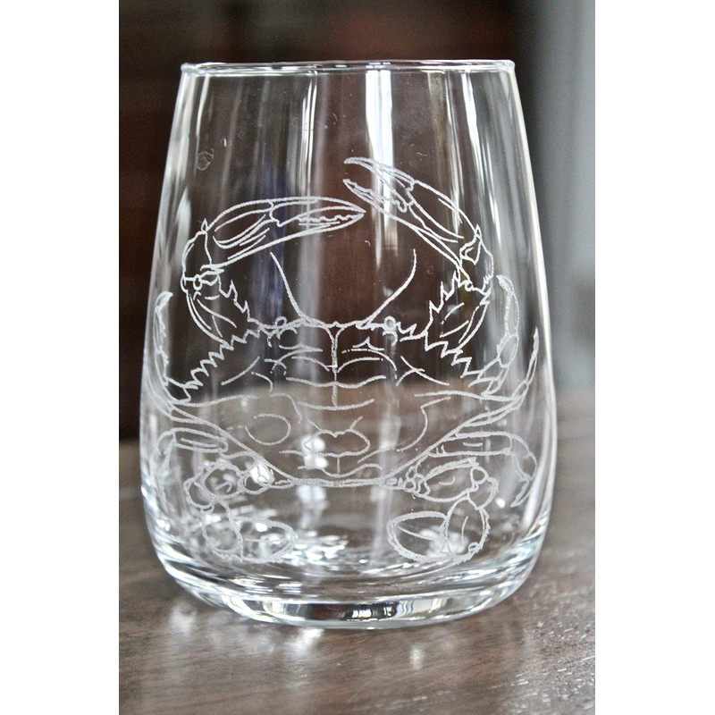 HullSpeed Designs Blue Crab Engraved Stemless Wine Glasses (set of