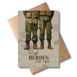 WBdesignz Soldier Birthday Card with Envelope - Happy Birthday Soldier - Modern Olive Green Card - For Comrades, Army Fans & Military Friends - Birthday (A6) (Not All Heroes Wear Capes)