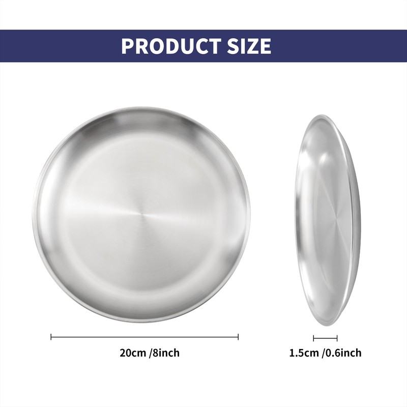 Aramanara 10 Pcs 20 cm Stainless Steel Plate, Round Dinner