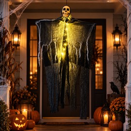 1pc Halloween Glowing Skull Skeleton Ghost Decoration, Hanging Gauze Ghost with LED Lights for Home Garden Outdoor Haunted House Party