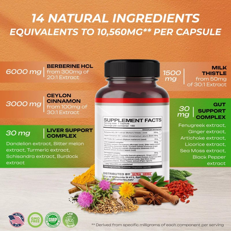 ULTRA HERBS Premium Berberine 12,200MG with Cinnamon, Milk Thistle *USA
