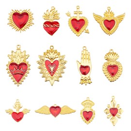 Hobbspring 24pcs Gothic Heart Charm 12 Styles Golden Sacred Heart Charms Enamel Alloy Red Wing Arrow Love Charm for Jewelry Necklace Bracelets Earrings Making DIY Crafts