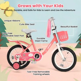 14Inch Kids Bike for Girls Boys with Handbrake 14" Children Princess Bicycle with Training Wheels Basket Streamer Toddler Cycle Bike Rider 37 to 42 Inch - Pink