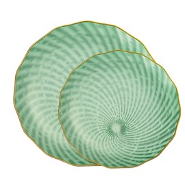 PLASTICPRO 60 Pack Plastic Plates Set of 30-10 inch Plates and 30-7 inch Plates, Elegant Clear Green Spiral and Gold Rim Disposable Fancy Plates Premium Heavyweight