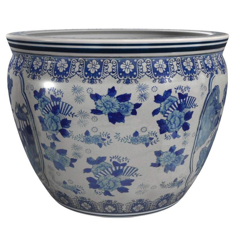 Red Lantern 12" Ladies Blue & White Porcelain Fishbowl Planter