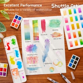 Shuttle Art Solid Watercolor, Set of 48 Solid Watercolors, Half Pan, 10 Paint Brushes, Watercolor Paper, Palette, Transparent, Meltable, Quick Dry, Watercolor, Adult Coloring, Drawing, Outdoor