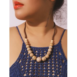 Hanary Hippie Boho Beige Ceramic Round Beads Strand Necklace, Bohemian Fashion Statement Jewelry Gift for Women