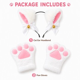 Cat Paw Gloves & Ear Headband Set, Cute Furry Cat Costume Accessories for Women Girls Halloween Cosplay Party