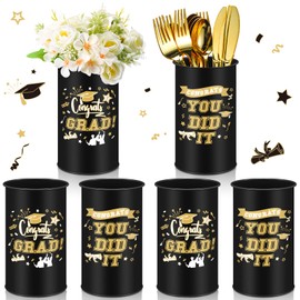 Domensi 6 Pcs 2025 Graduation Table Centerpiece Vase Decorations Class of 2025 Galvanized Metal Tin Vases for Artificial Flowers Grad Caps Cutlery Utensil Holder for Party Supplies Gifts(Black)
