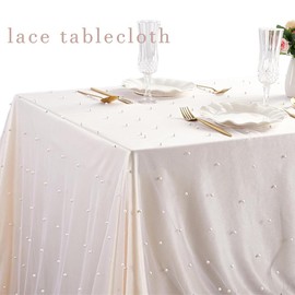 Pearl Table Runner 30 x 120 Inch Wedding Table Decor White Tulle Fabric Lace Dessert Table Cloth Veil Arch Bridal Shower Decorations Tablecloth for Baby Shower Party (White, 60'' x 120'', 2pc)