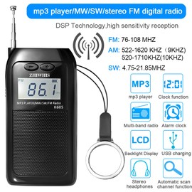 ZHIWHIS Portable Radio,FM AM SW Transistor Radio Stereo LCD Digital Display Pocket Walkmen Radio MP3 WAV Player Support TF Card Rechargeable with Shutdown Memory