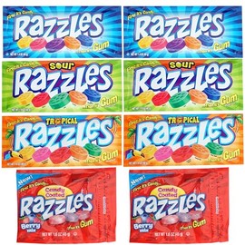 Razzles Candy Gum, 8 Pack Gum Variety, 4 Flavors(2 packs of each, 1.4oz Bags) Berry, Tropical, Sour & Original Of Candy Then It's Gum, Fruit Gum Flavors
