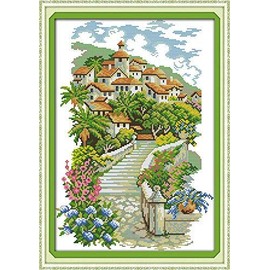 Happy Forever Cross Stitch Kits 11CT Stamped Patterns for Kids and Adults, Preprinted Embroidery kit for Beginner, Scenery View and Landscape 3 (F625 European Style Castles, Size 14''x19'')