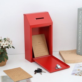 Suggestion Box with Lock and Slot Metal Money Drop Box Locked Donation Box Ballot Box 10.24 x 5.71 x 2.95 Inches Wall Mounted Mailbox for Outside, Office, Home (Red)