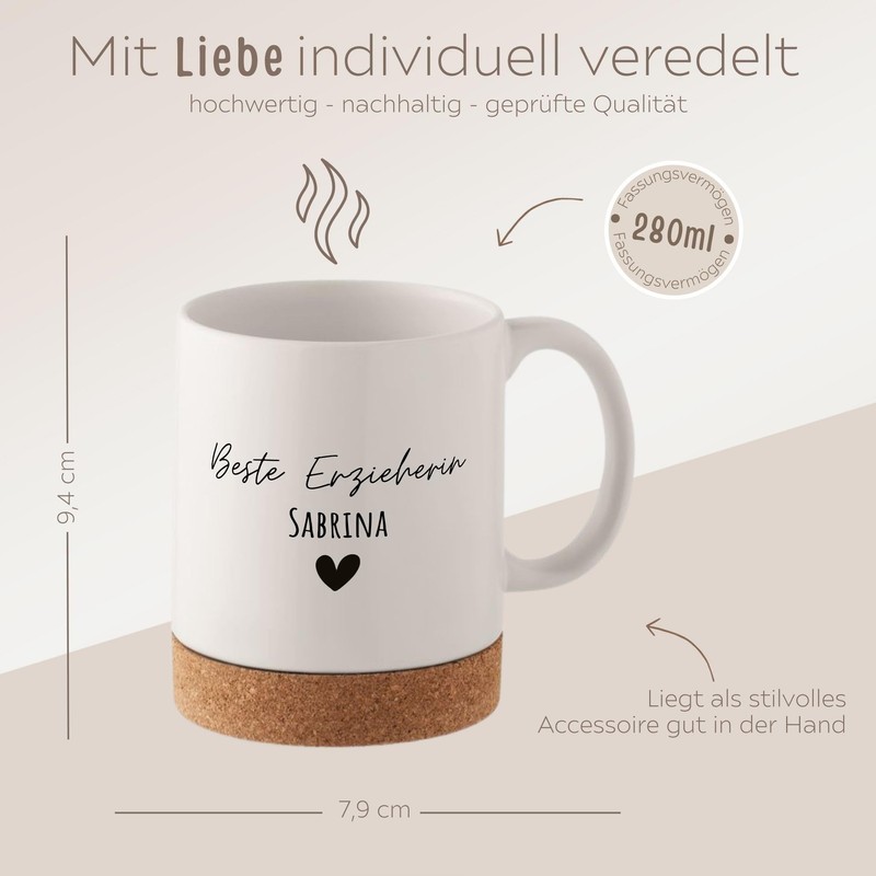 wunderwunsch Tasse Kaffeetasse mit Korkboden, Kaffeebecher als Geschenk für Mutter,