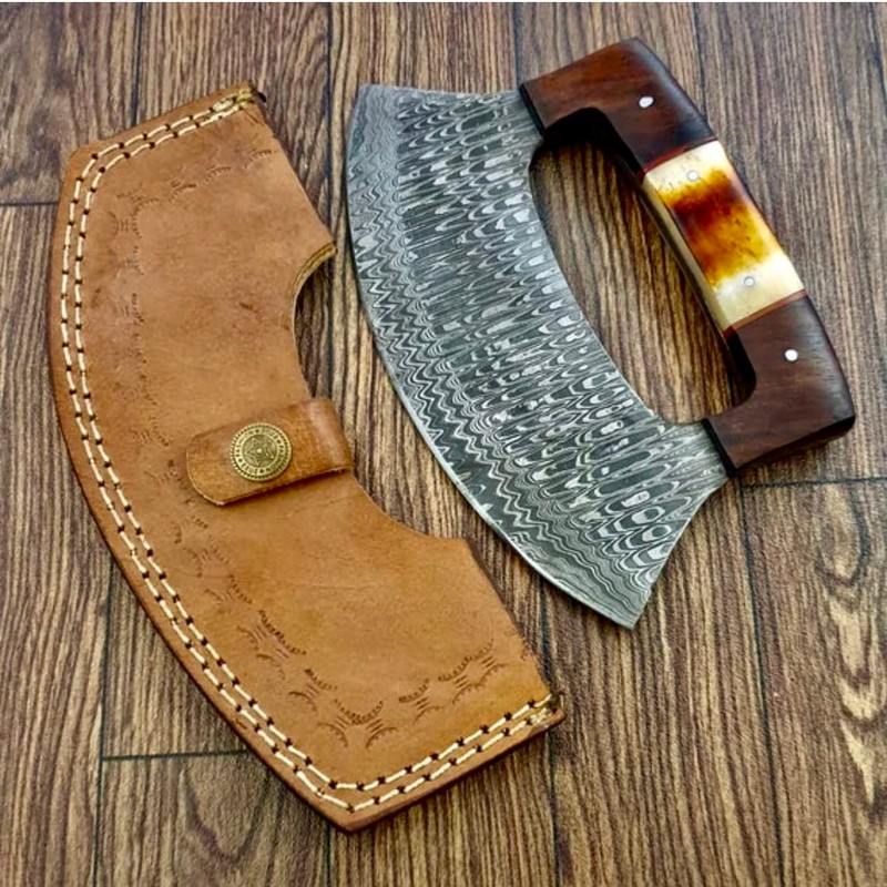 TTC-111 Handmade Damascus Ulu kitchen Knife -Wood Handle (Bone/wood Handle)