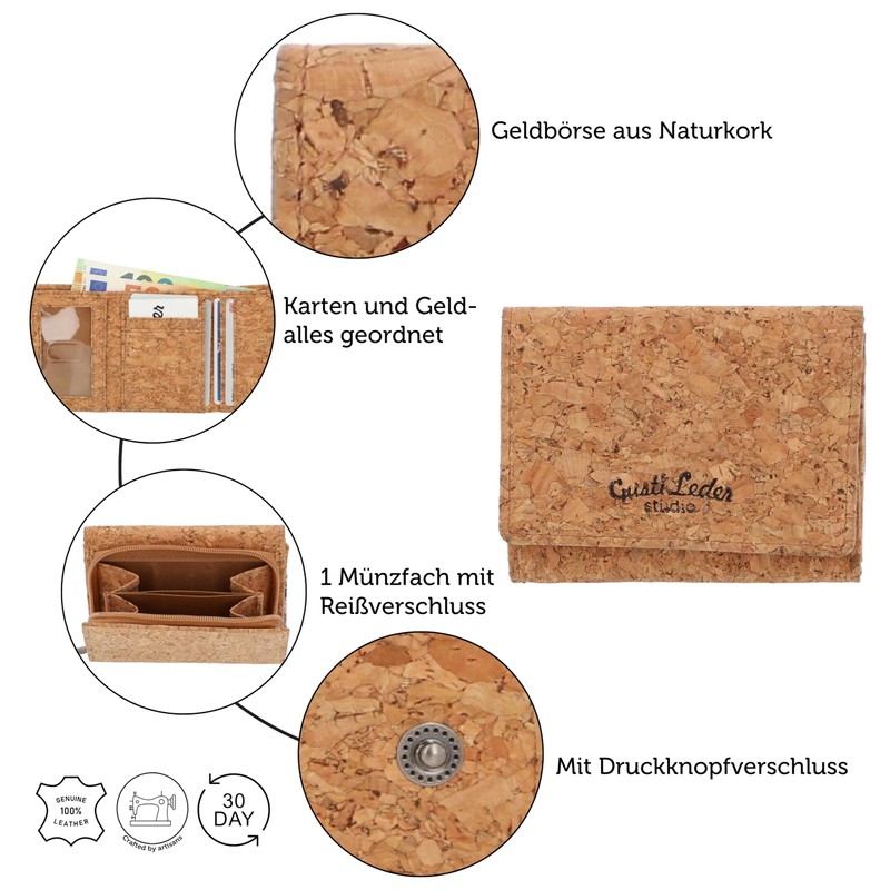 Gusti August Wallet Brown Leather Product Vegan, Natural cork, Retro