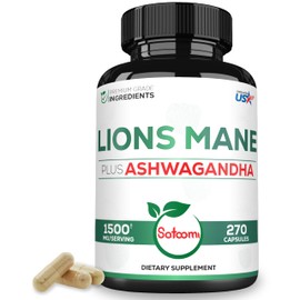 Satoomi Lions Mane Supplement Capsules with Ashwagandha Supplement - 270 Capsules - High Concentrated for Restful Mind, Brain Health, Immune System & Focus Support - Gluten-Free, Non-GMO