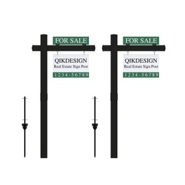 Qikdesign Vinyl PVC Real Estate Sign Post 6' Tall (Connected type), Black Realtor Yard Sign Post with Flat Cap for Open House, 36" Arm Holds Up to 24" Sign, 2-PACK