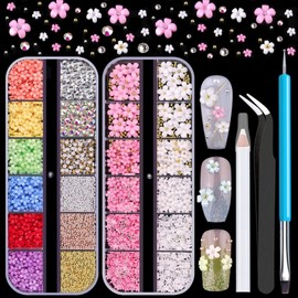 3D Flowers for Nails, Colorful Acrylic Flower Nail Charms with Caviar Beads, Flat Back Glass Crystal AB + Clear Gemstones Round Gems Rhinestones for Nails and Acrylic Nails with Dotting Tools