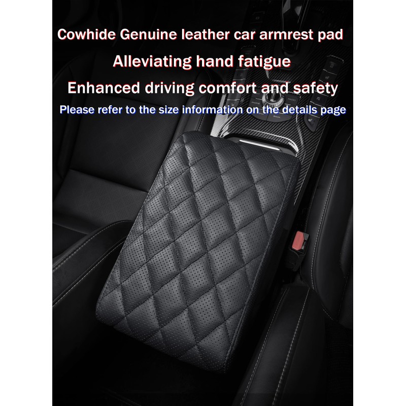 POKSRI Car Center Console Cover pad Genuine Cowhide Leather,Black Armrest