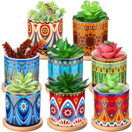 Zopeal 8 Pcs 3 Inch Succulent Planter Pot Ceramic Cactus Pots with Drainage Holes and Bamboo Trays Mandala Planter Pot for Indoor Plants Flowers for Home Garden Mexican Party Decor